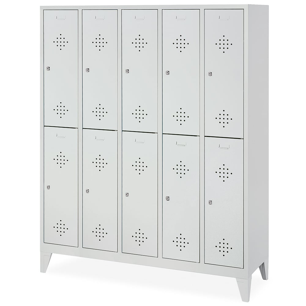 Stahl-Fächerschrank mit Füßen und Zylinderschloss, 10 Fächer, BxTxH 1480x500x1850 mm