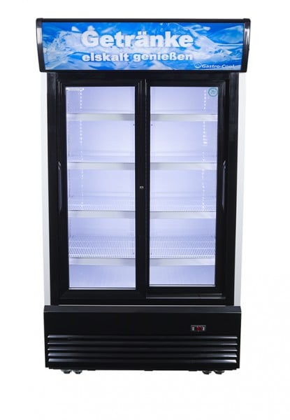 Gastro-Cool DC800 Getränkekühlschrank 800 Liter mit Klapptüren und Werbedisplay weiß/schwarz, LED