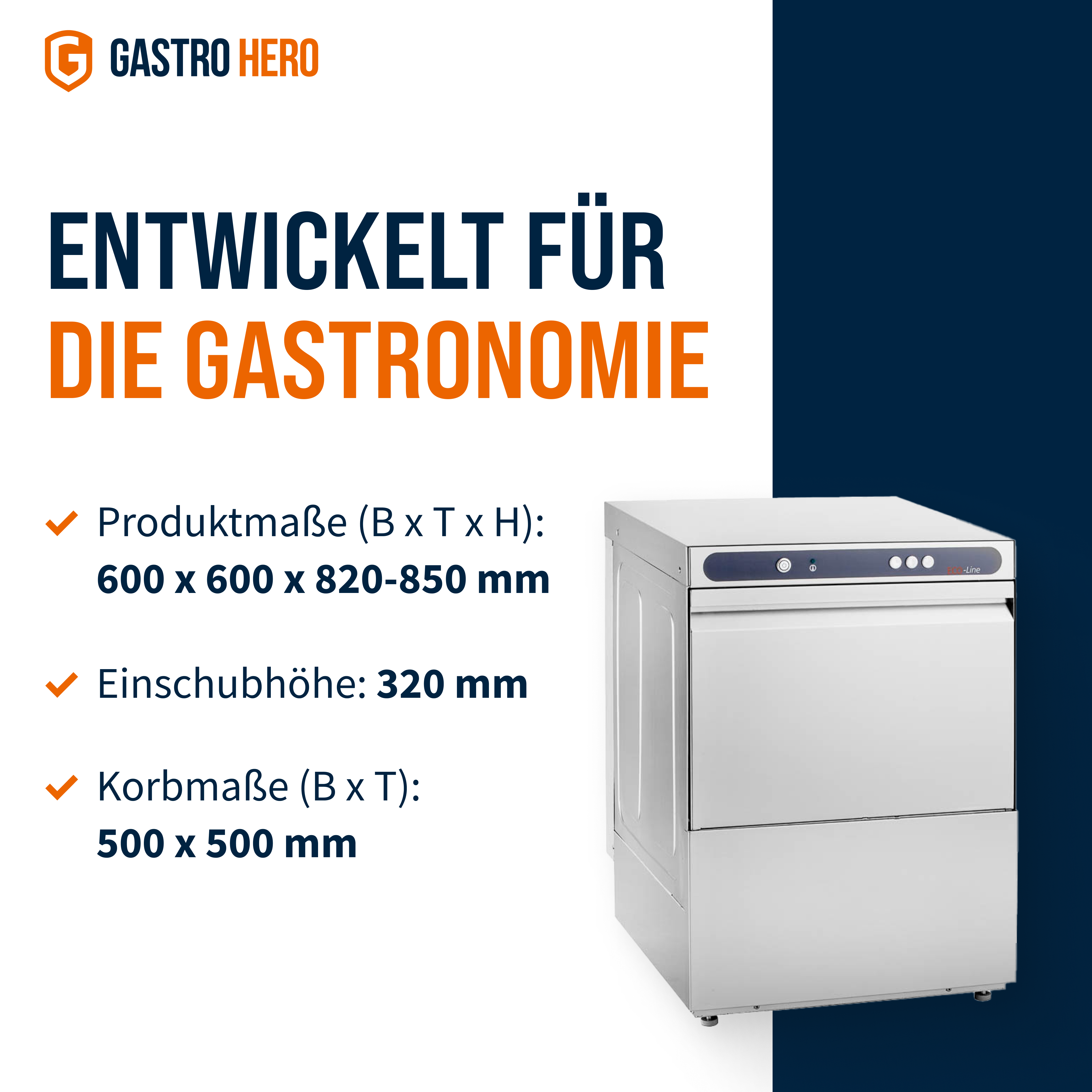 Geschirrspülmaschine ECO 50x50 cm Korbmaß, mit Reiniger- & Klarspüldosierer, mit Ablaufpumpe & Enthärter, Made in Europe, 400 Volt