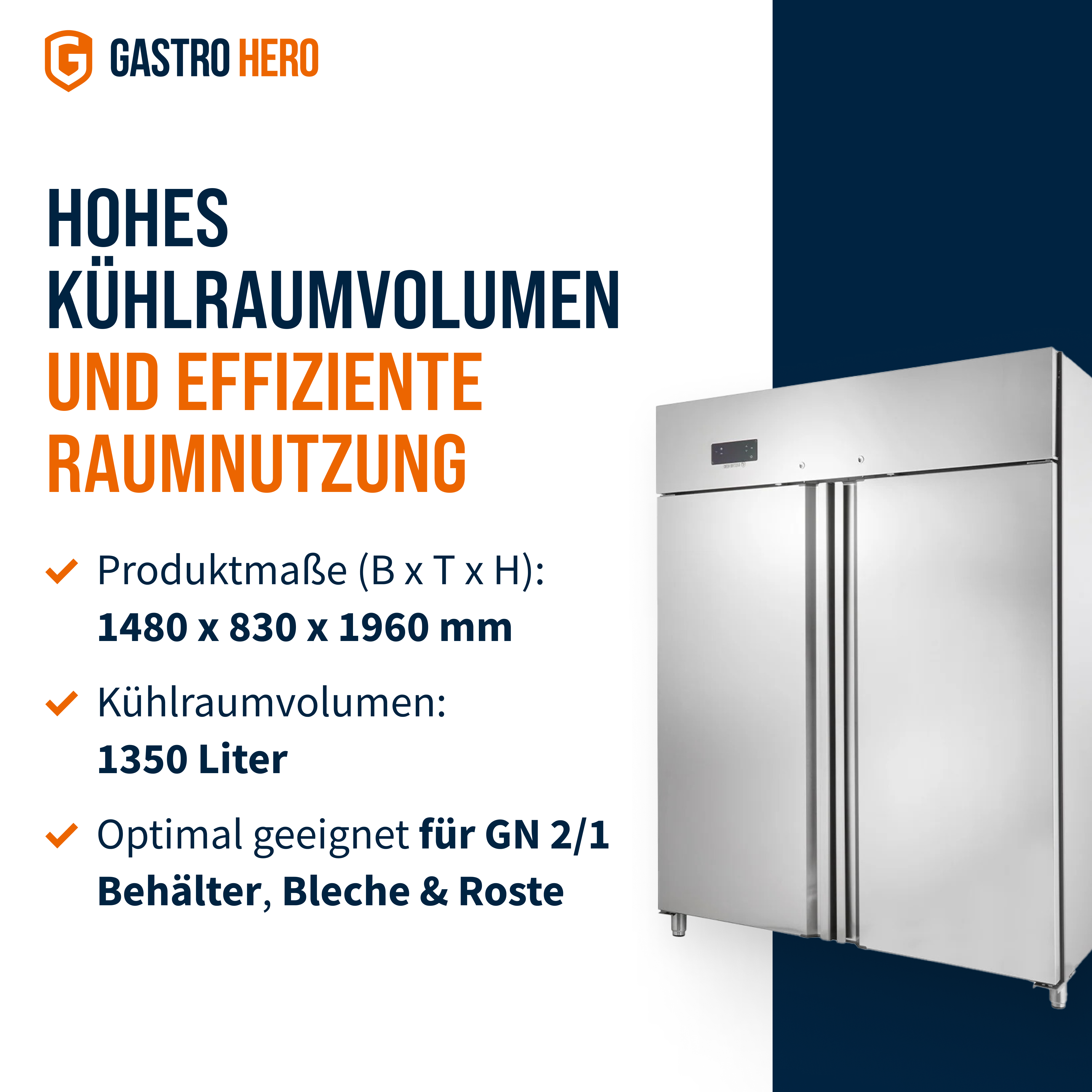 Gastronomie Kühlschrank ECO 1400 GN 2/1 Monoblock, 1350 Liter Kühlraumvolumen, 6 verstellbare Einlegeböden, Robuste Bauweise, Edelstahl