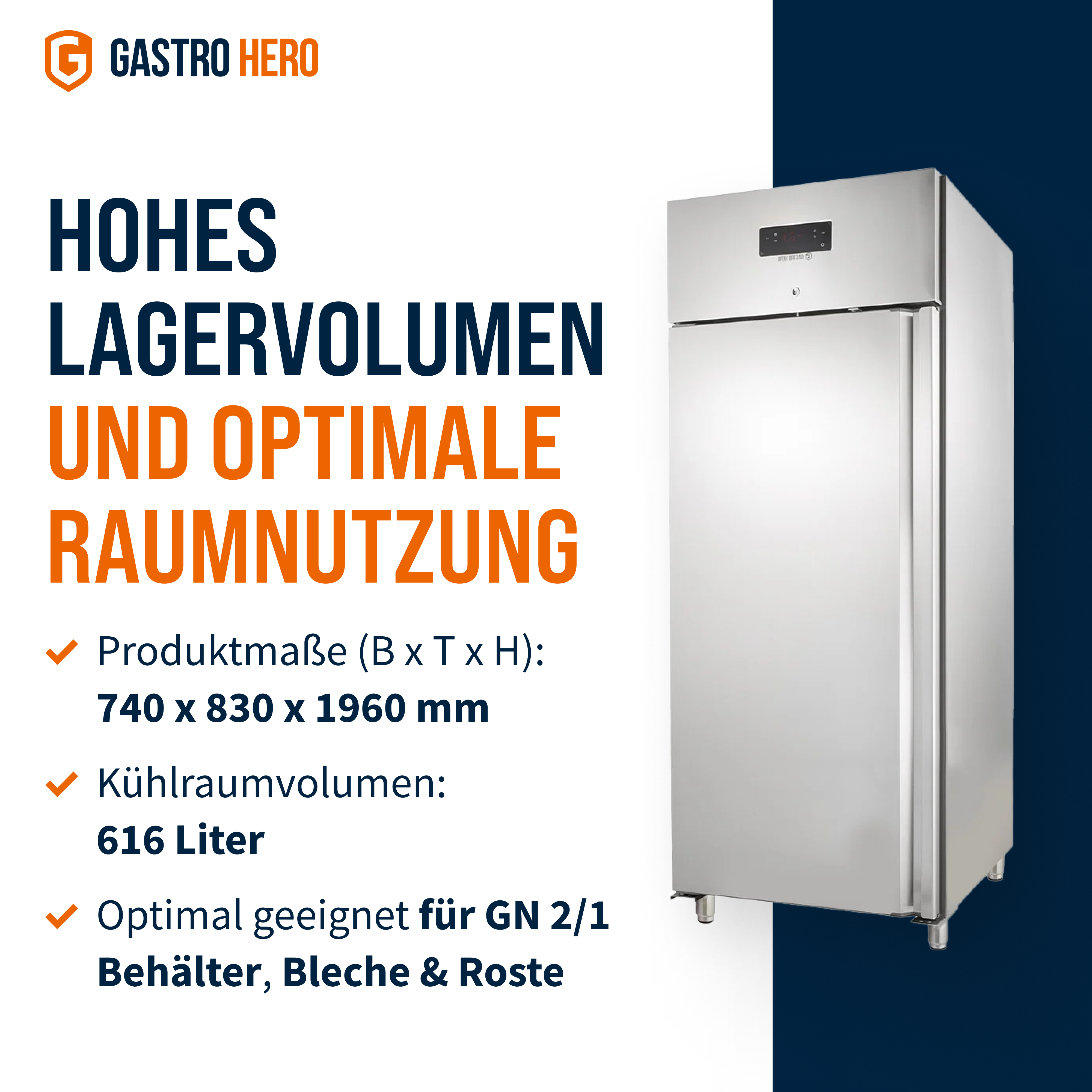 Gastronomie Kühlschrank ECO 700 GN 2/1 Monoblock , 616 Liter Kühlraumvolumen, 3 verstellbare Einlegeböden, Robuste Bauweise, Edelstahl