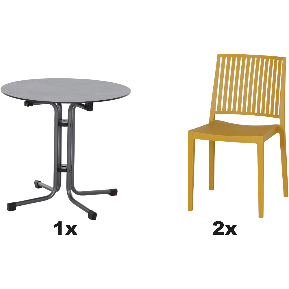 SIENA GARDEN Set aus 2x Stapelstuhl Lane & Klapptisch Sola Ø80 mustard