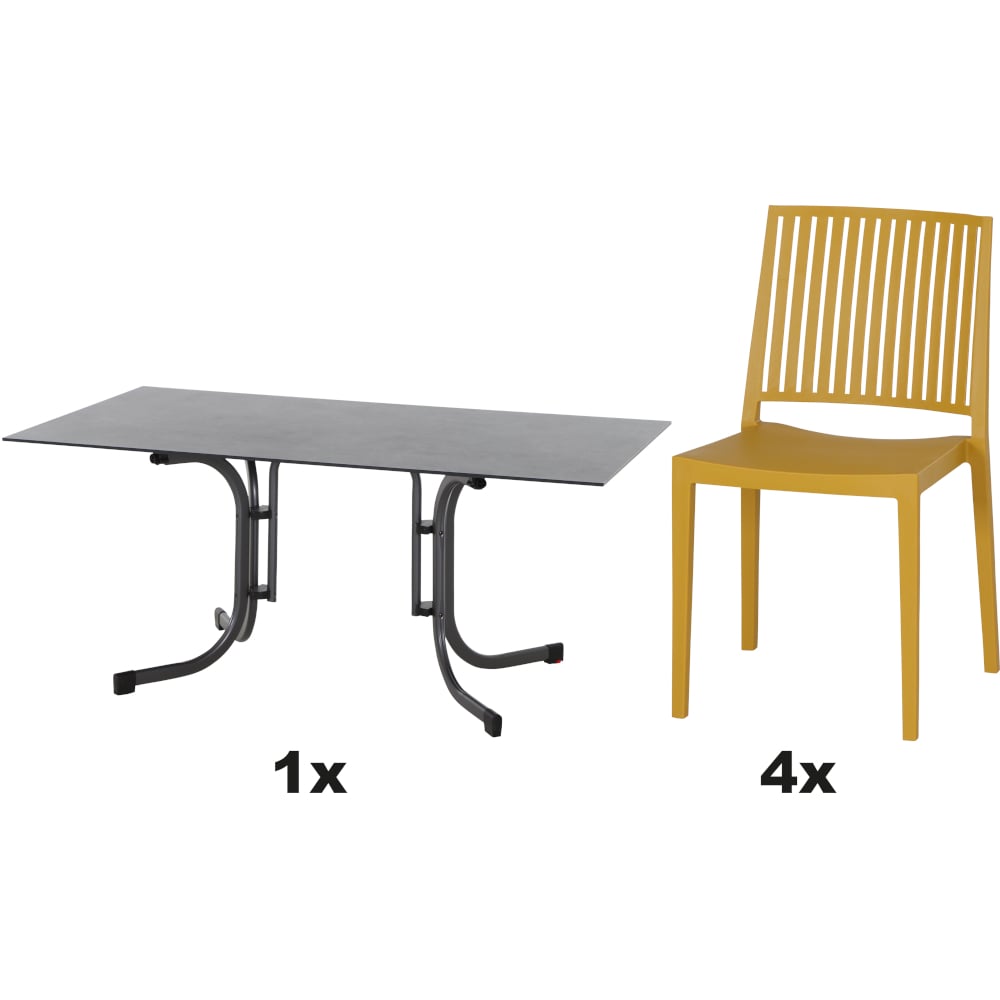 SIENA GARDEN Set aus 4x Stapelstuhl Lane & Klapptisch Sola 160x90 mustard