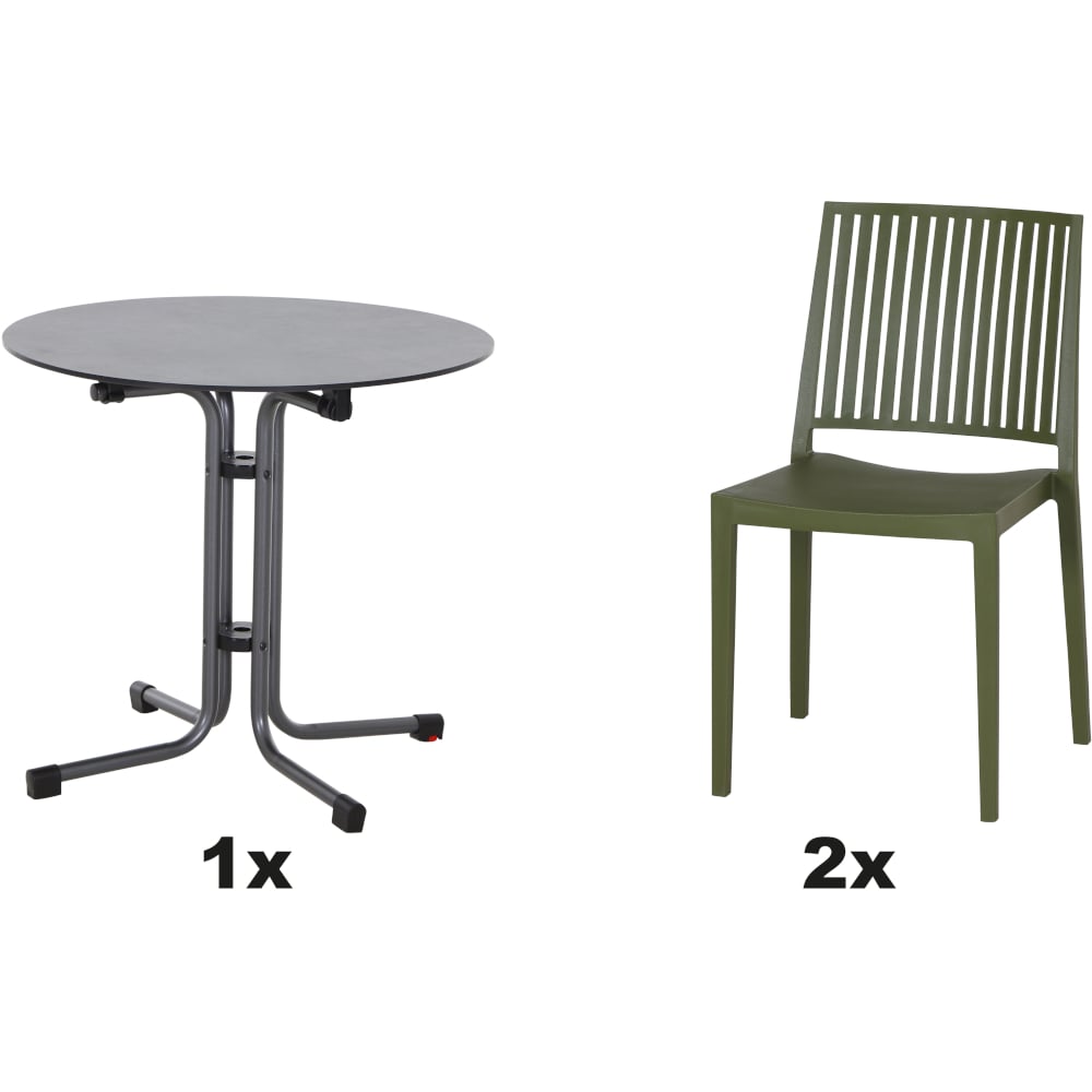 SIENA GARDEN Set aus 2x Stapelstuhl Lane & Klapptisch Sola Ø80 olive