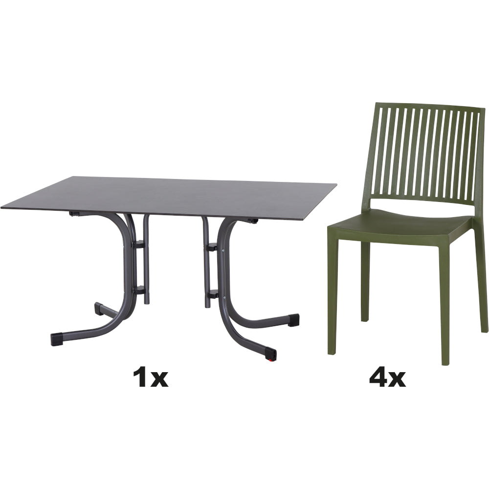 SIENA GARDEN Set aus 4x Stapelstuhl Lane & Klapptisch Sola 140x90 olive