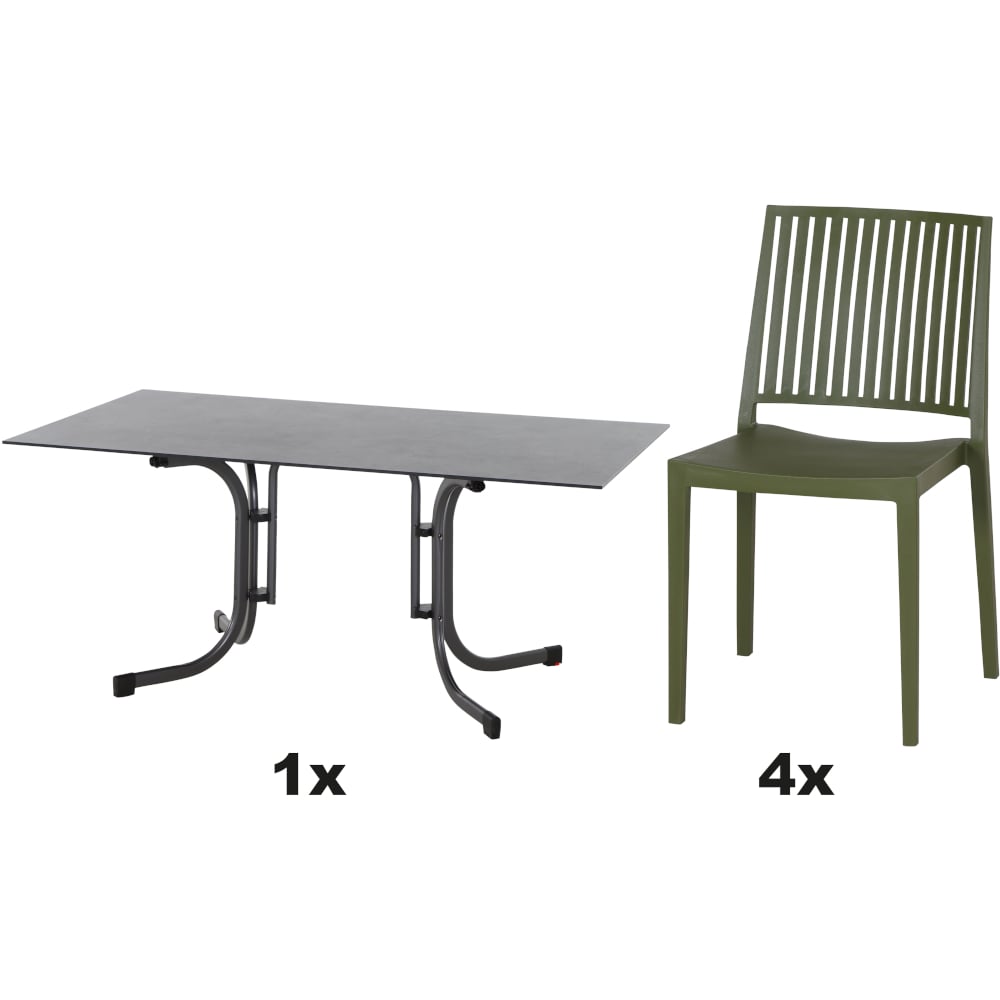 SIENA GARDEN Set aus 4x Stapelstuhl Lane & Klapptisch Sola 160x90 olive