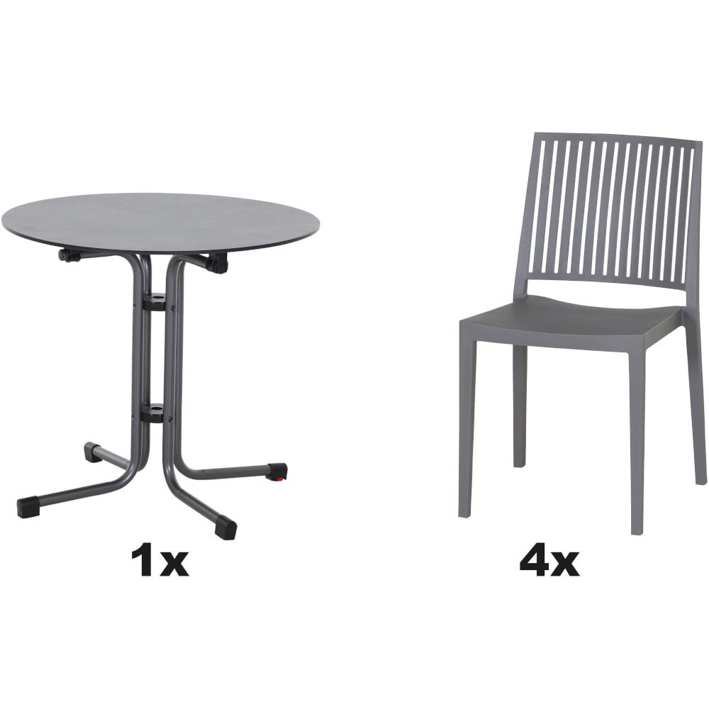 SIENA GARDEN Set aus 4x Stapelstuhl Lane & Klapptisch Sola Ø80 grau