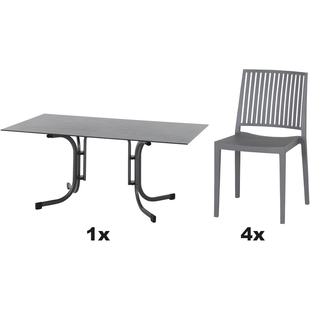 SIENA GARDEN Set aus 4x Stapelstuhl Lane & Klapptisch Sola 160x90 grau