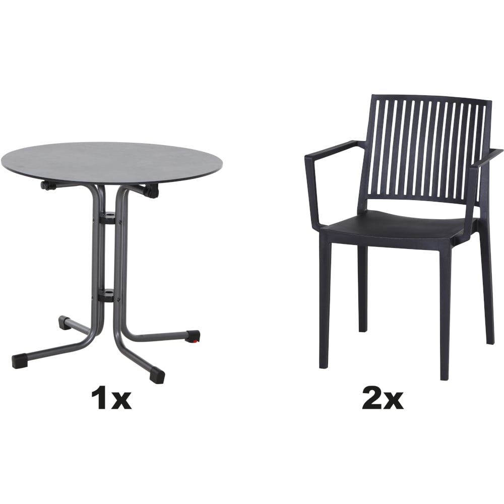 SIENA GARDEN Set aus 2x Stapelsessel Lane & Klapptisch Sola Ø80 anthrazit