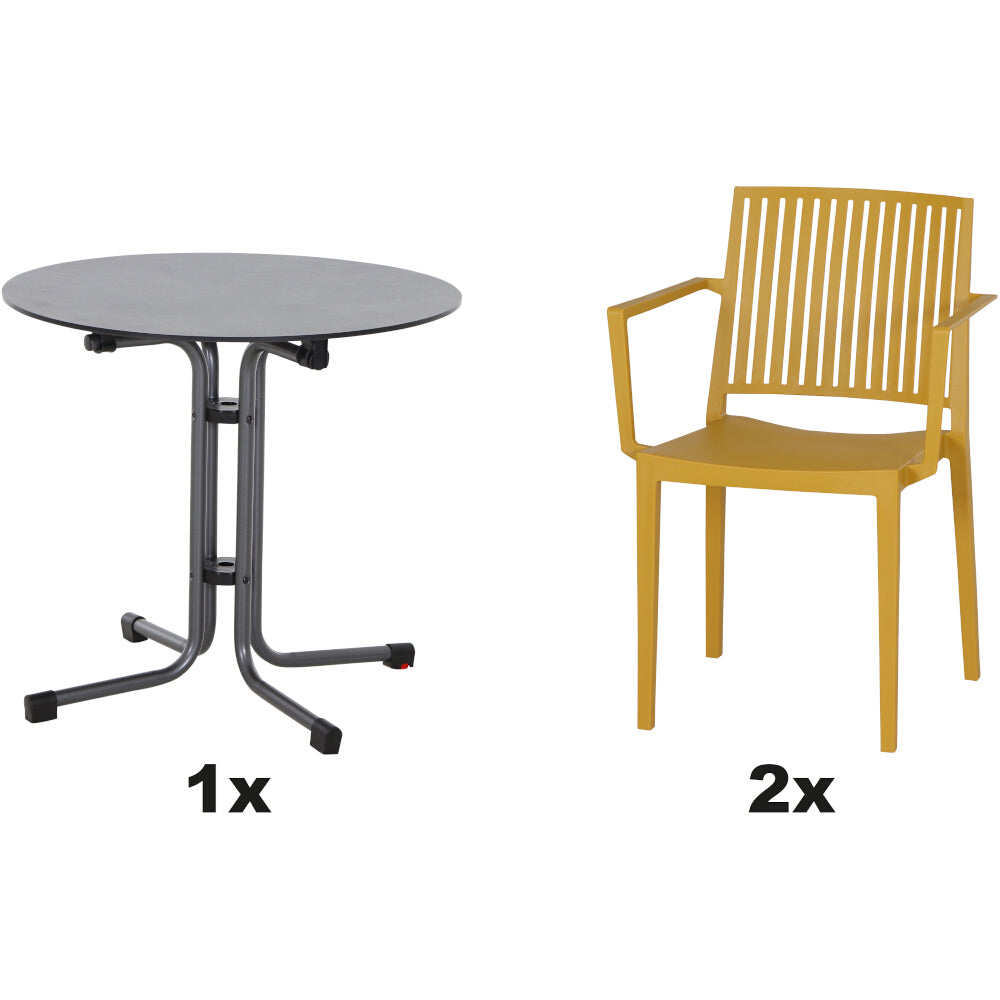 SIENA GARDEN Set aus 2x Stapelsessel Lane & Klapptisch Sola Ø80 mustard