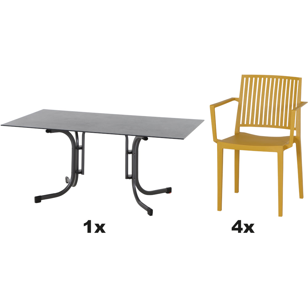 SIENA GARDEN Set aus 4x Stapelsessel Lane & Klapptisch Sola 160x90 mustard