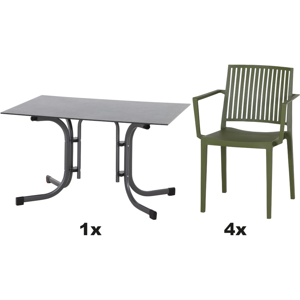 SIENA GARDEN Set aus 4x Stapelsessel Lane & Klapptisch Sola 120x80 olive