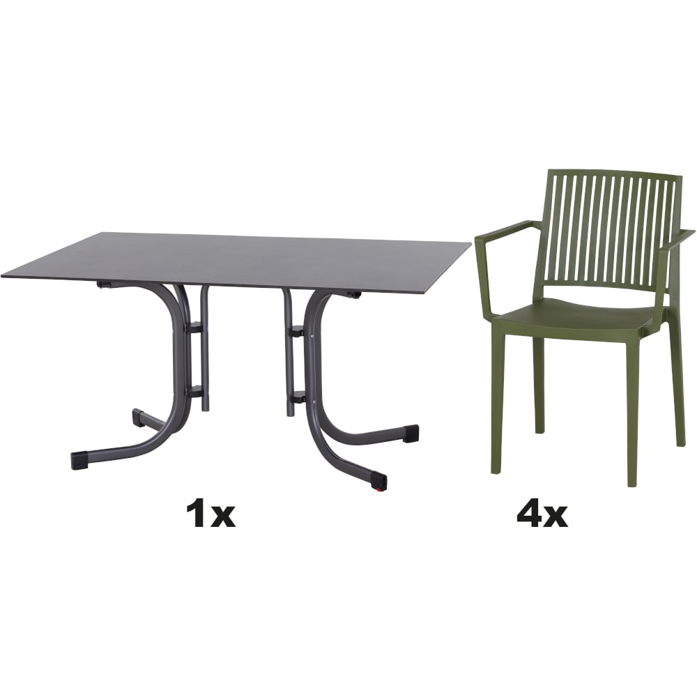 SIENA GARDEN Set aus 4x Stapelsessel Lane & Klapptisch Sola 140x90 olive