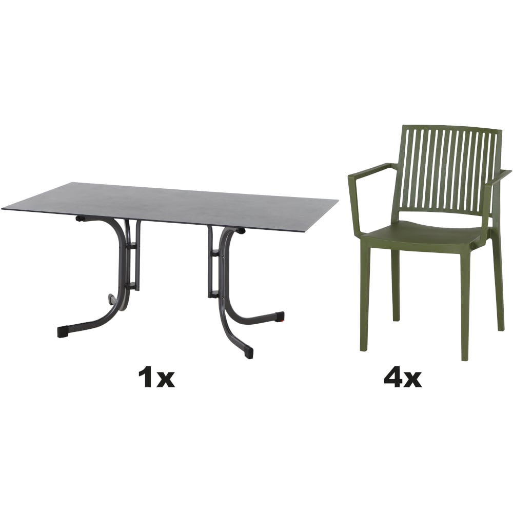 SIENA GARDEN Set aus 4x Stapelsessel Lane & Klapptisch Sola 160x90 olive