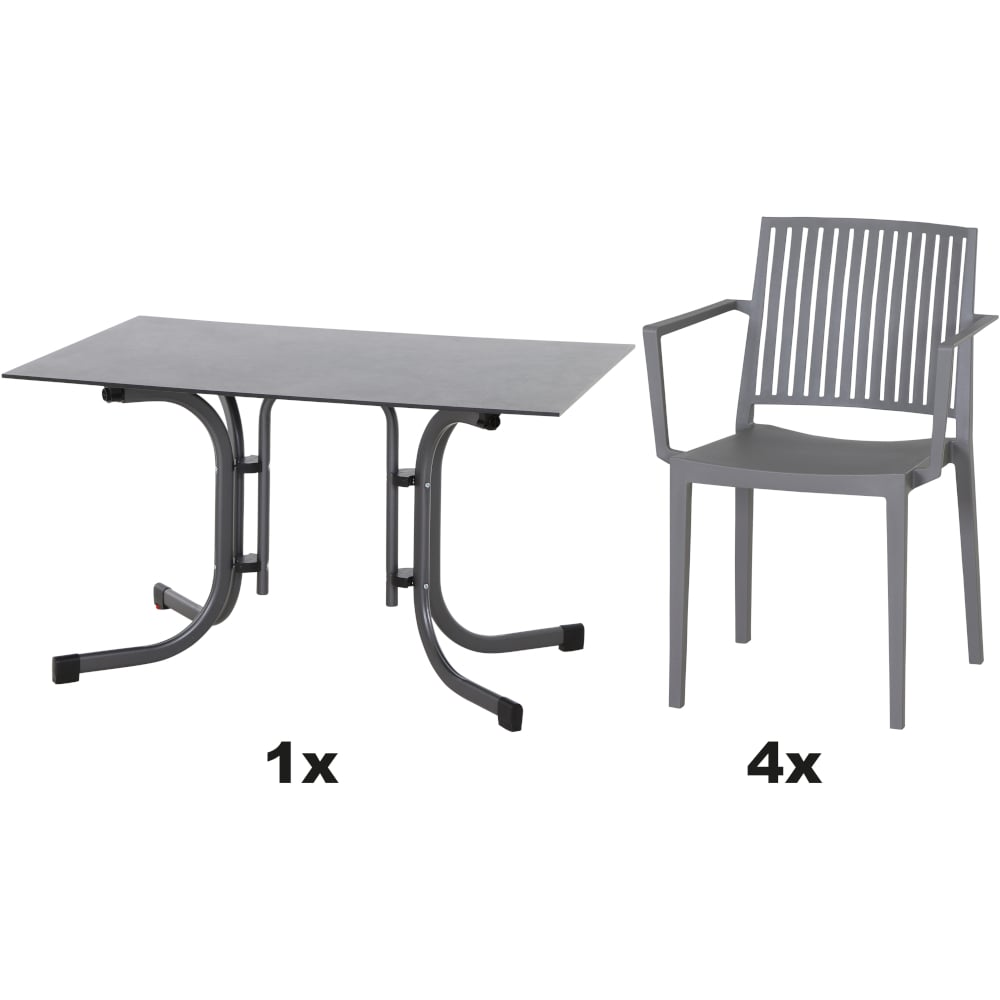 SIENA GARDEN Set aus 4x Stapelsessel Lane & Klapptisch Sola 120x80 grau