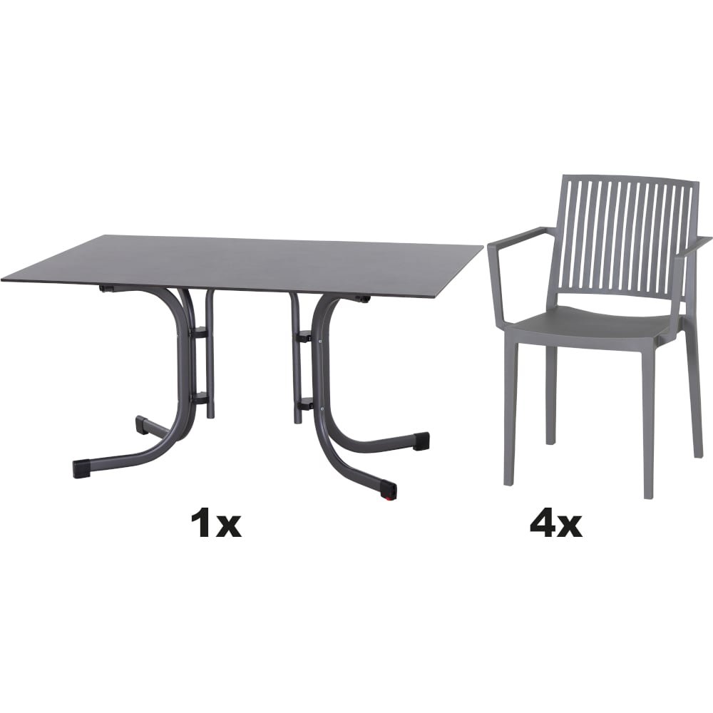 SIENA GARDEN Set aus 4x Stapelsessel Lane & Klapptisch Sola 140x90 grau