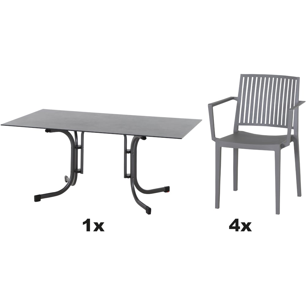 SIENA GARDEN Set aus 4x Stapelsessel Lane & Klapptisch Sola 160x90 grau