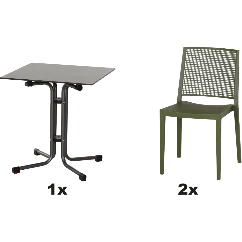 SIENA GARDEN Set aus 2x Stapelstuhl Square & Klapptisch Sola 65x65 olive