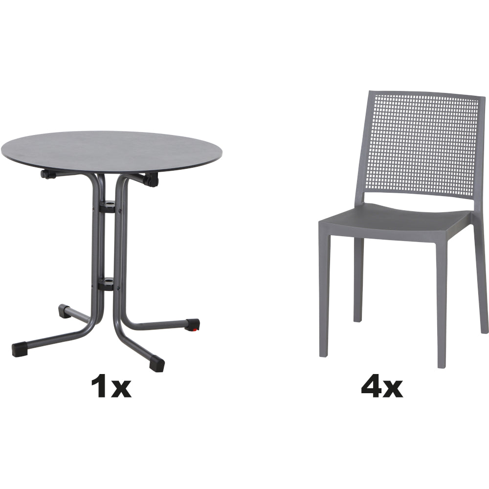 SIENA GARDEN Set aus 4x Stapelstuhl Square & Klapptisch Sola Ø80 grau