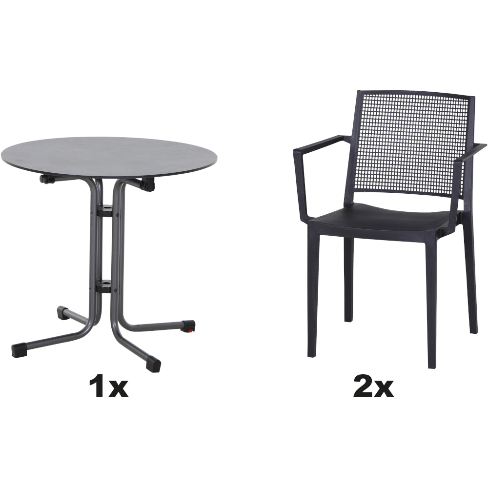 SIENA GARDEN Set aus 2x Stapelsessel Square & Klapptisch Sola Ø80 anthrazit