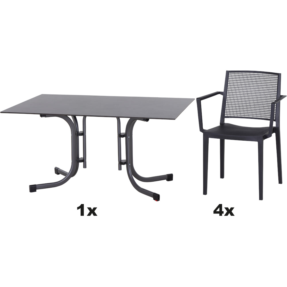 SIENA GARDEN Set aus 4x Stapelsessel Square & Klapptisch Sola 140x90 anthrazit