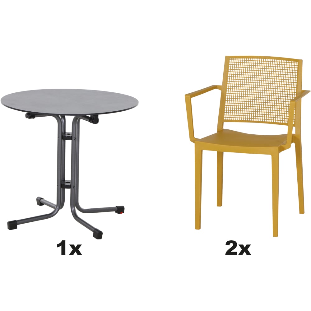 SIENA GARDEN Set aus 2x Stapelsessel Square & Klapptisch Sola Ø80 mustard