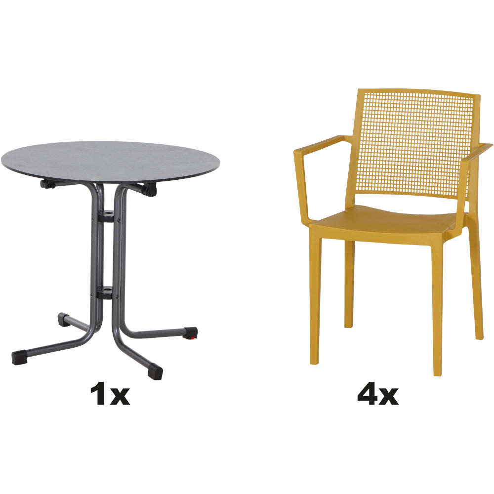 SIENA GARDEN Set aus 4x Stapelsessel Square & Klapptisch Sola Ø80 mustard