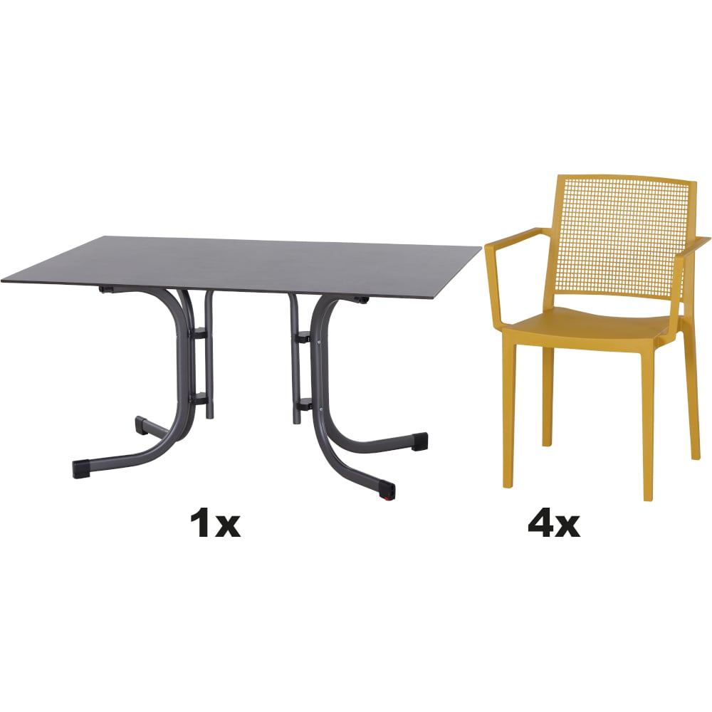 SIENA GARDEN Set aus 4x Stapelsessel Square & Klapptisch Sola 140x90 mustard