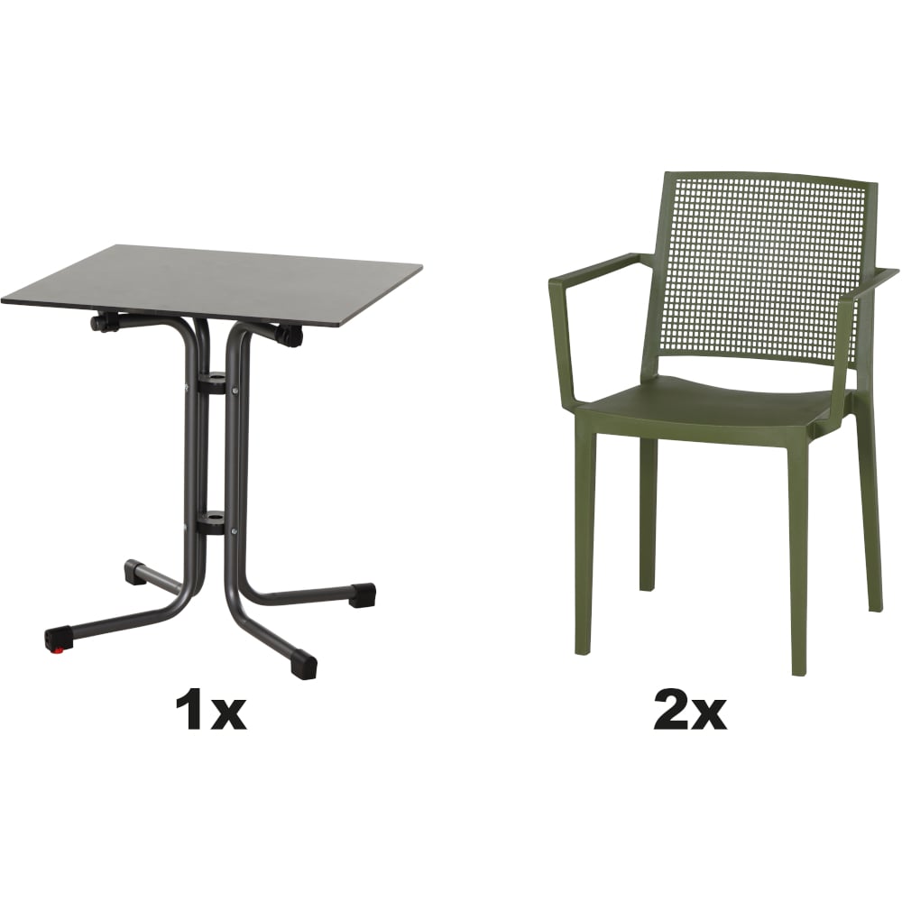 SIENA GARDEN Set aus 2x Stapelsessel Square & Klapptisch Sola 65x65 olive