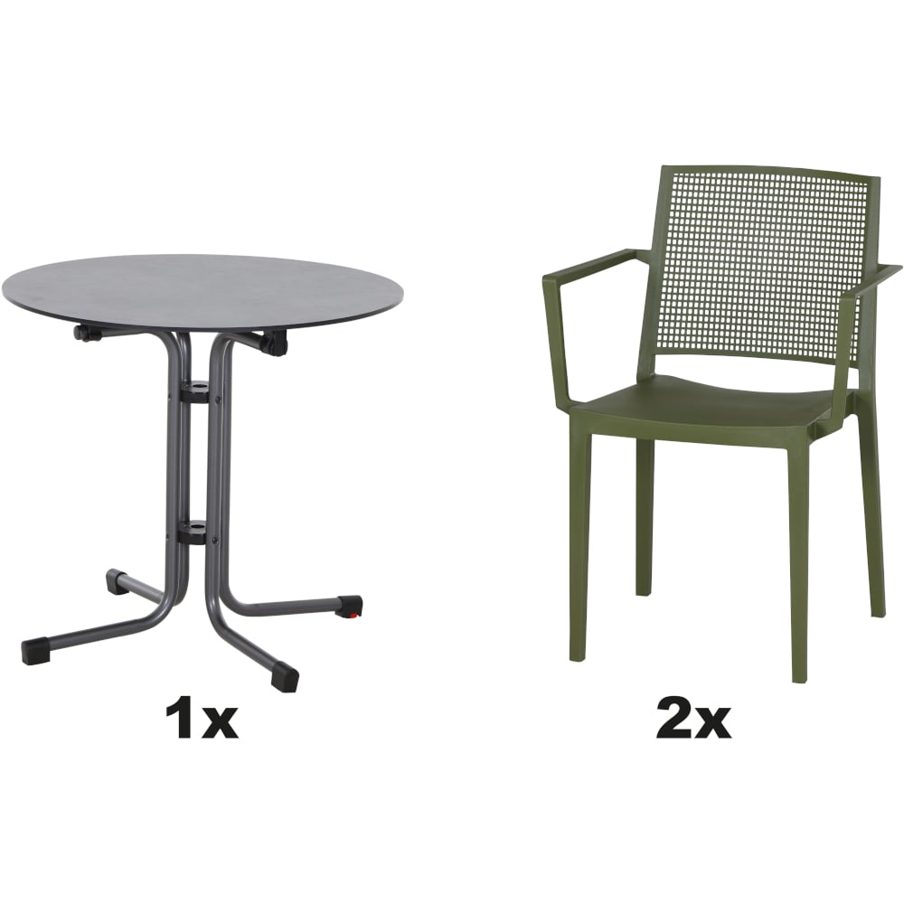 SIENA GARDEN Set aus 2x Stapelsessel Square & Klapptisch Sola Ø80 olive