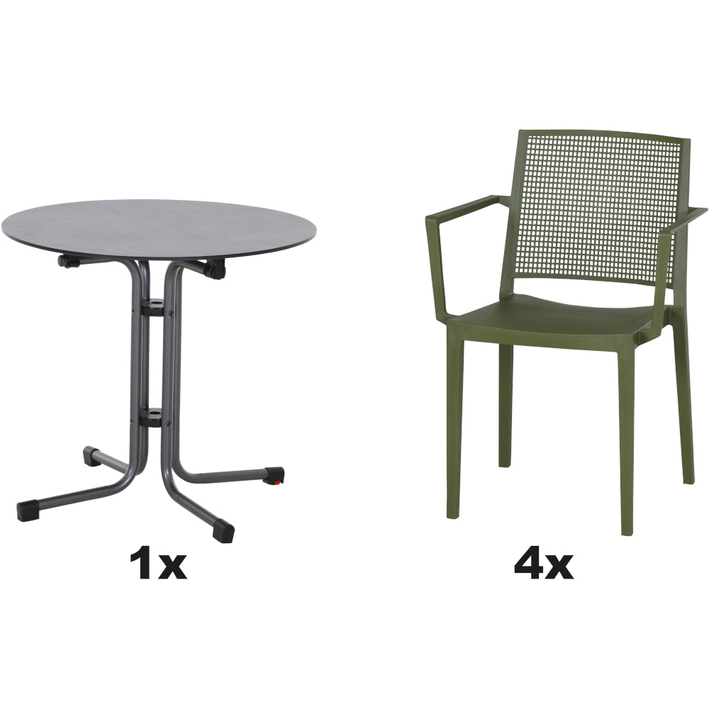 SIENA GARDEN Set aus 4x Stapelsessel Square & Klapptisch Sola Ø80 olive