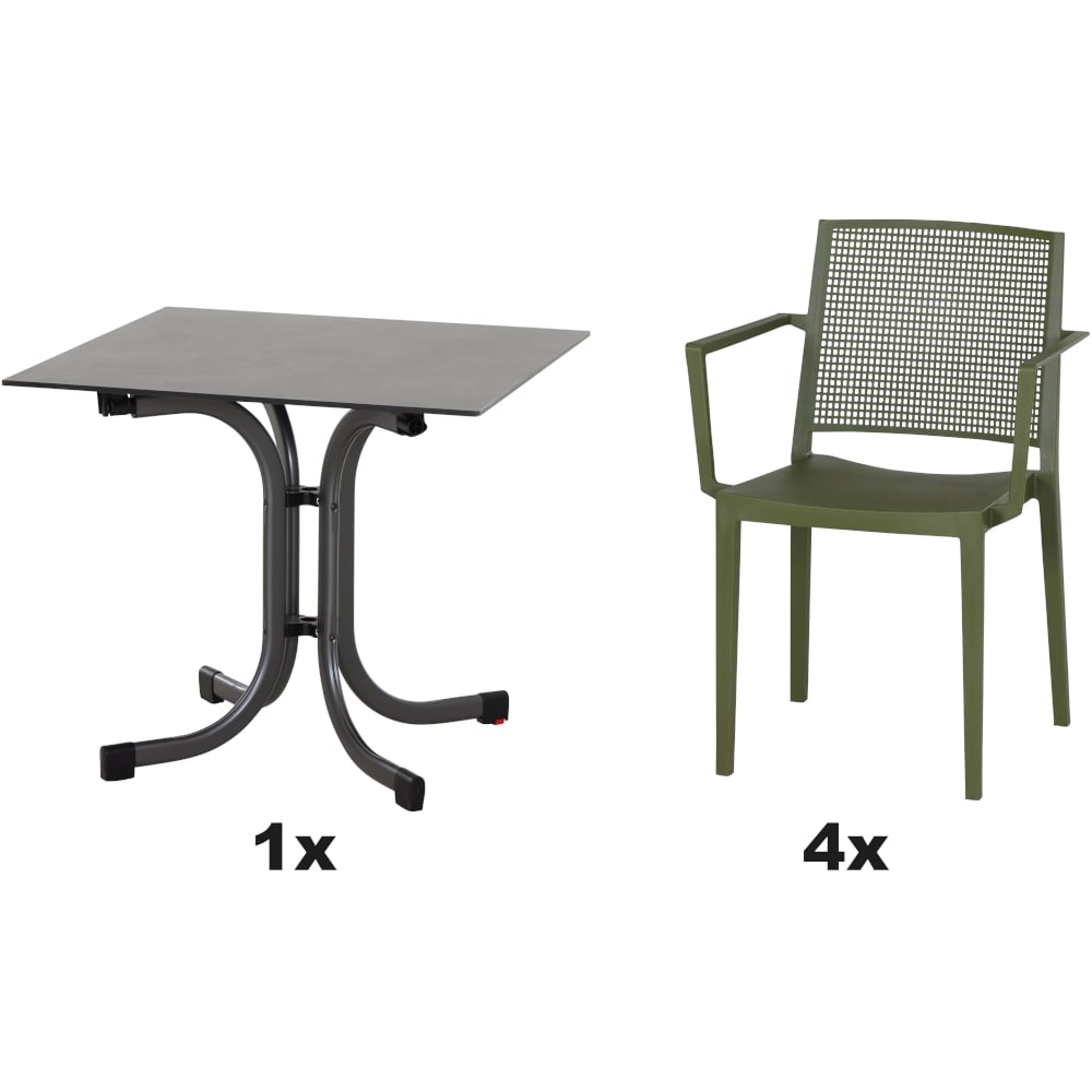 SIENA GARDEN Set aus 4x Stapelsessel Square & Klapptisch Sola 80x80 olive