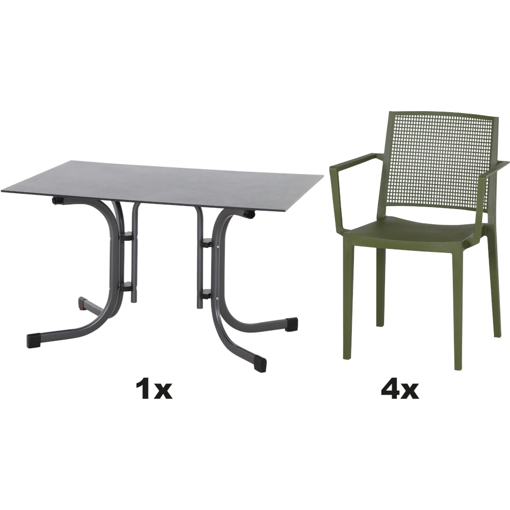 SIENA GARDEN Set aus 4x Stapelsessel Square & Klapptisch Sola 120x80 olive