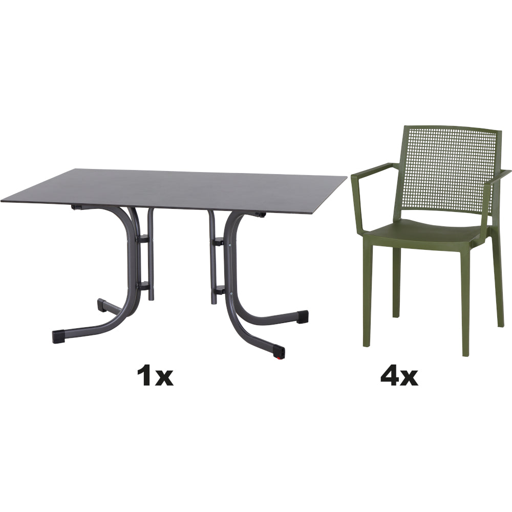 SIENA GARDEN Set aus 4x Stapelsessel Square & Klapptisch Sola 140x90 olive