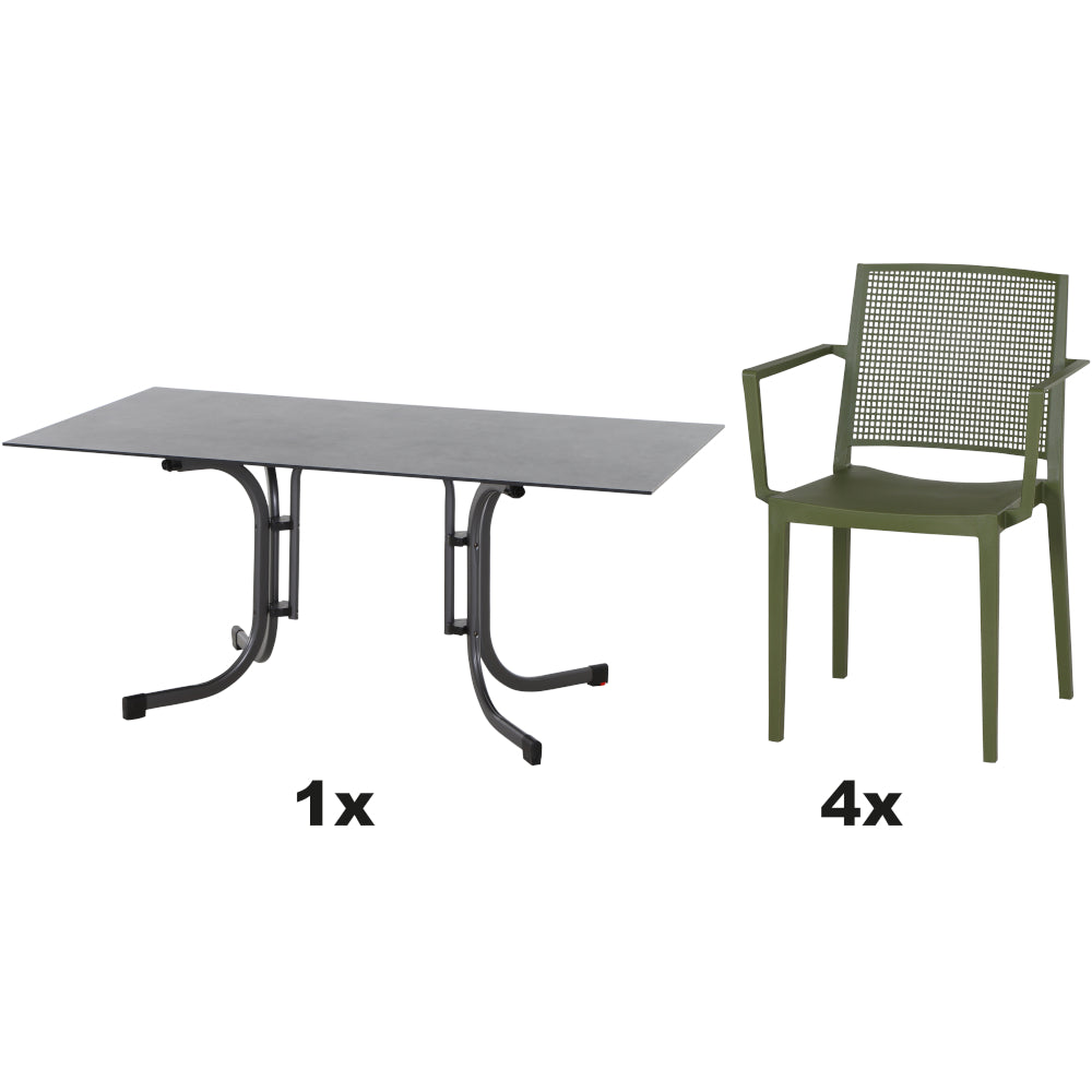 SIENA GARDEN Set aus 4x Stapelsessel Square & Klapptisch Sola 160x90 olive