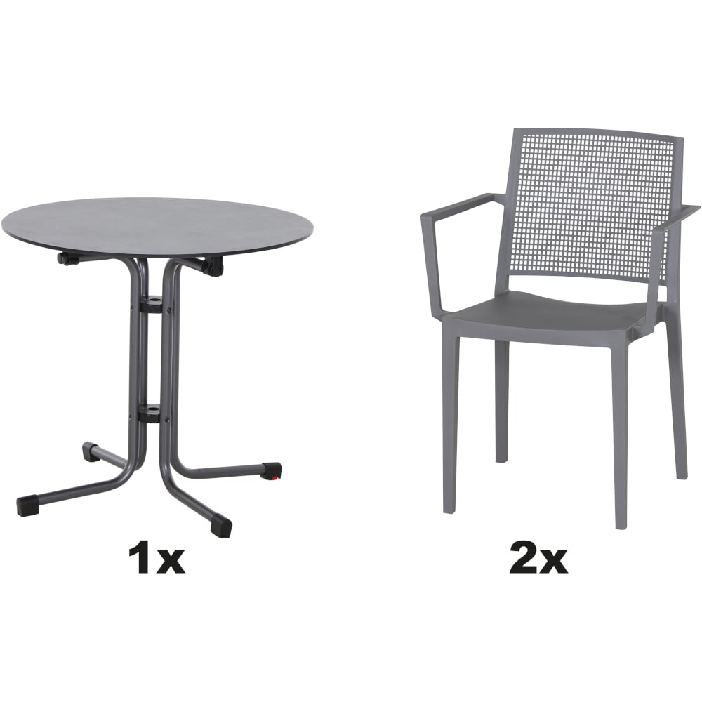 SIENA GARDEN Set aus 2x Stapelsessel Square & Klapptisch Sola Ø80 grau