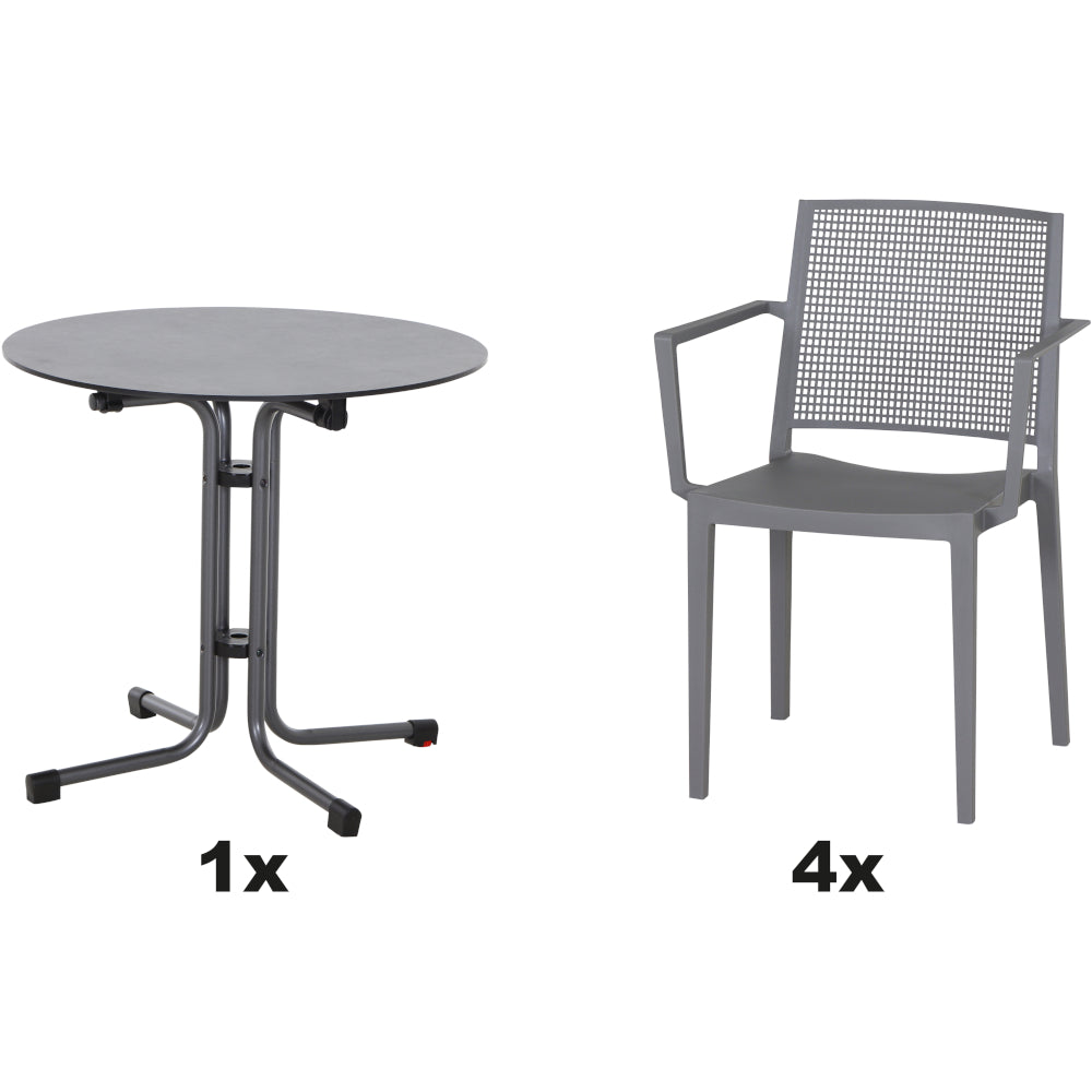 SIENA GARDEN Set aus 4x Stapelsessel Square & Klapptisch Sola Ø80 grau