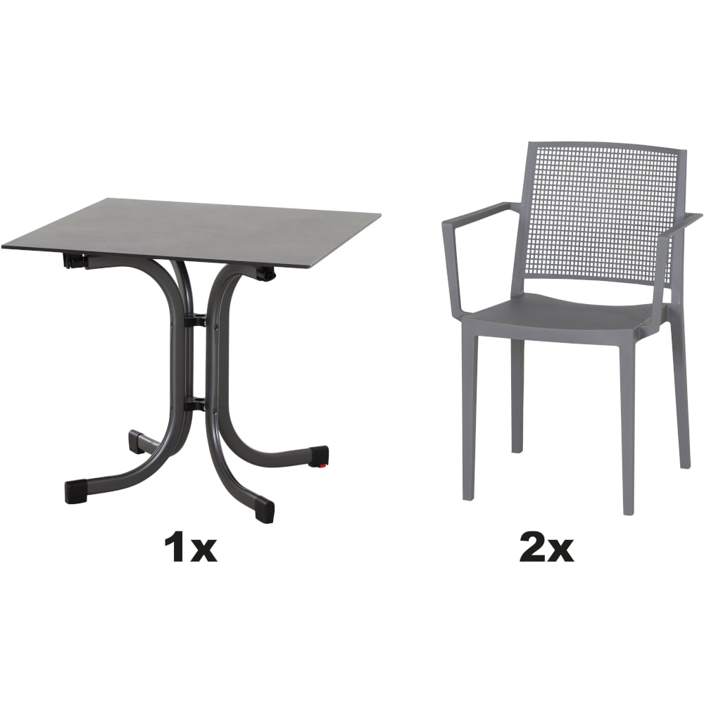 SIENA GARDEN Set aus 2x Stapelsessel Square & Klapptisch Sola 80x80 grau