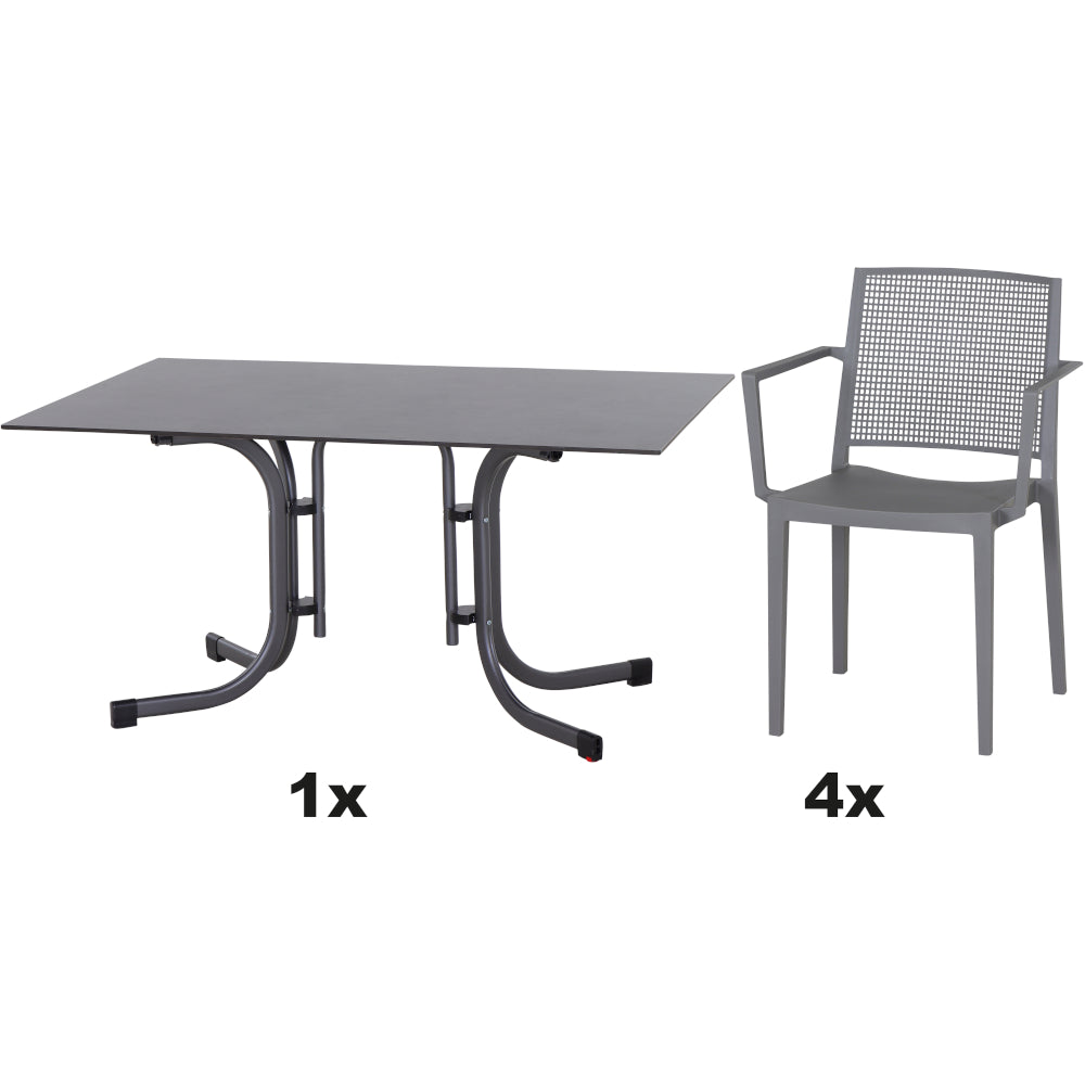 SIENA GARDEN Set aus 4x Stapelsessel Square & Klapptisch Sola 140x90 grau