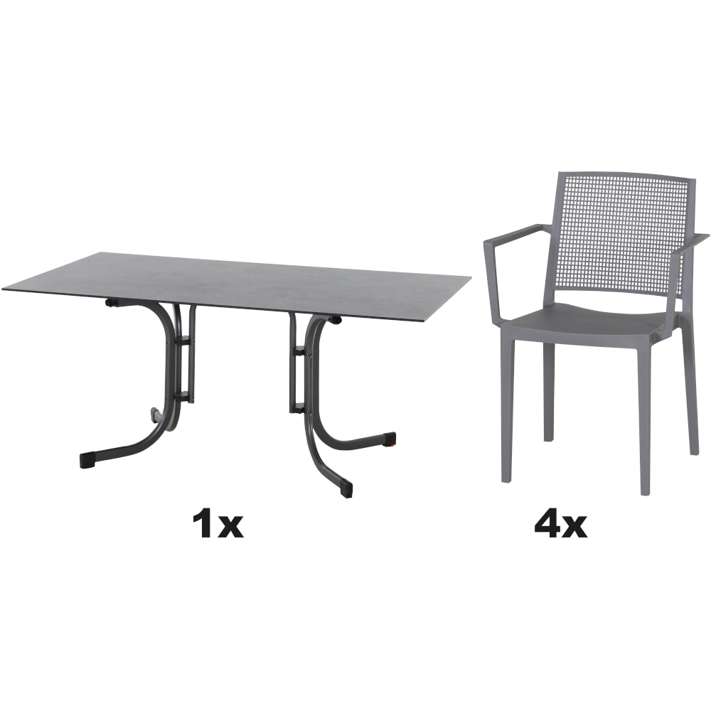 SIENA GARDEN Set aus 4x Stapelsessel Square & Klapptisch Sola 160x90 grau