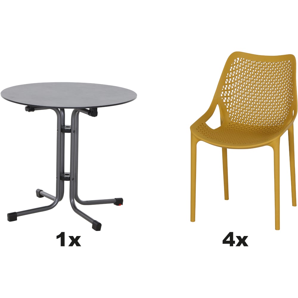 SIENA GARDEN Set aus 4x Stapelsessel District & Klapptisch Sola Ø 80 mustard