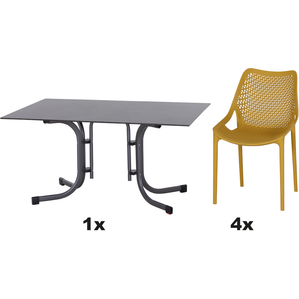 SIENA GARDEN Set aus 4x Stapelsessel District & Klapptisch Sola 140x90 mustard