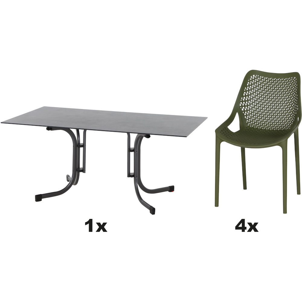 SIENA GARDEN Set aus 4x Stapelsessel District & Klapptisch Sola 160x90 olive