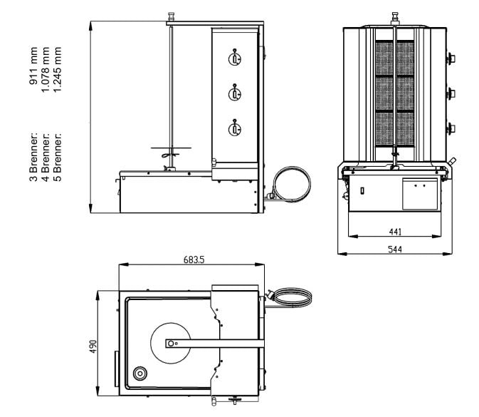 Dönergrill / Gyrosgrill ECO 4 Brenner mit Motor unten, Erdgas