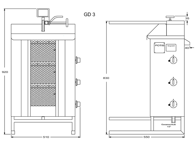 Potis Dönergrill / Gyrosgrill Propangas GD3 - achteckige Fettwanne