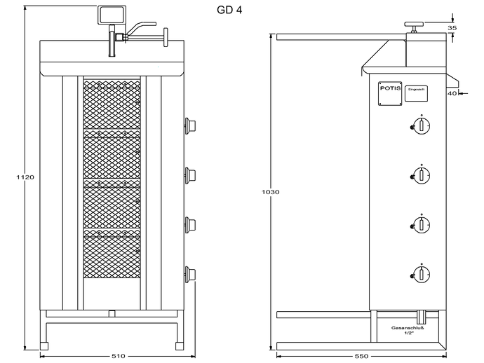 Potis Dönergrill / Gyrosgrill Propangas GD4 - achteckige Fettwanne