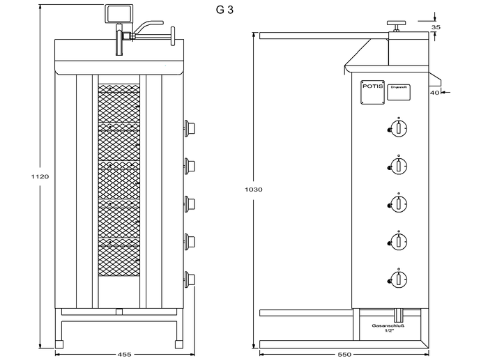 Potis Dönergrill / Gyrosgrill Propangas G3 - achteckige Fettwanne