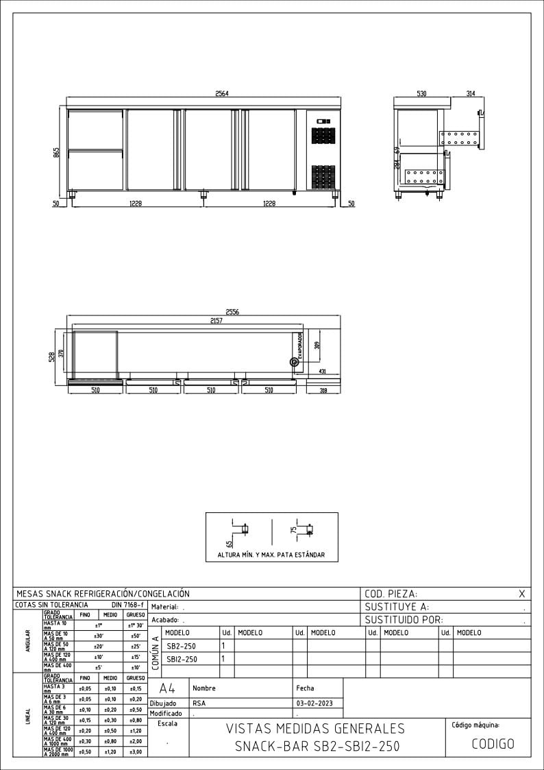 Coreco Barkühltisch PROFI 3/2 Edelstahl mit 3 Türen und 2 Schubladen