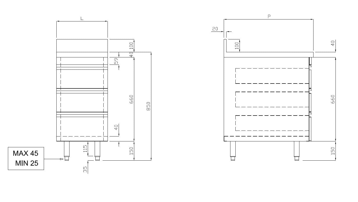 Edelstahl-Schubladenschrank ECO 3er Einheit 700 mit Aufkantung